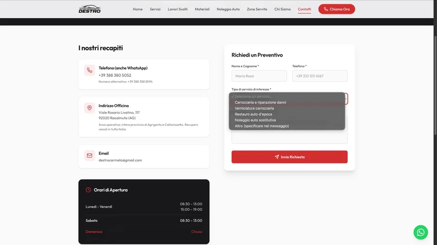 Pagina contatti con recapiti, orari e modulo di richiesta preventivo