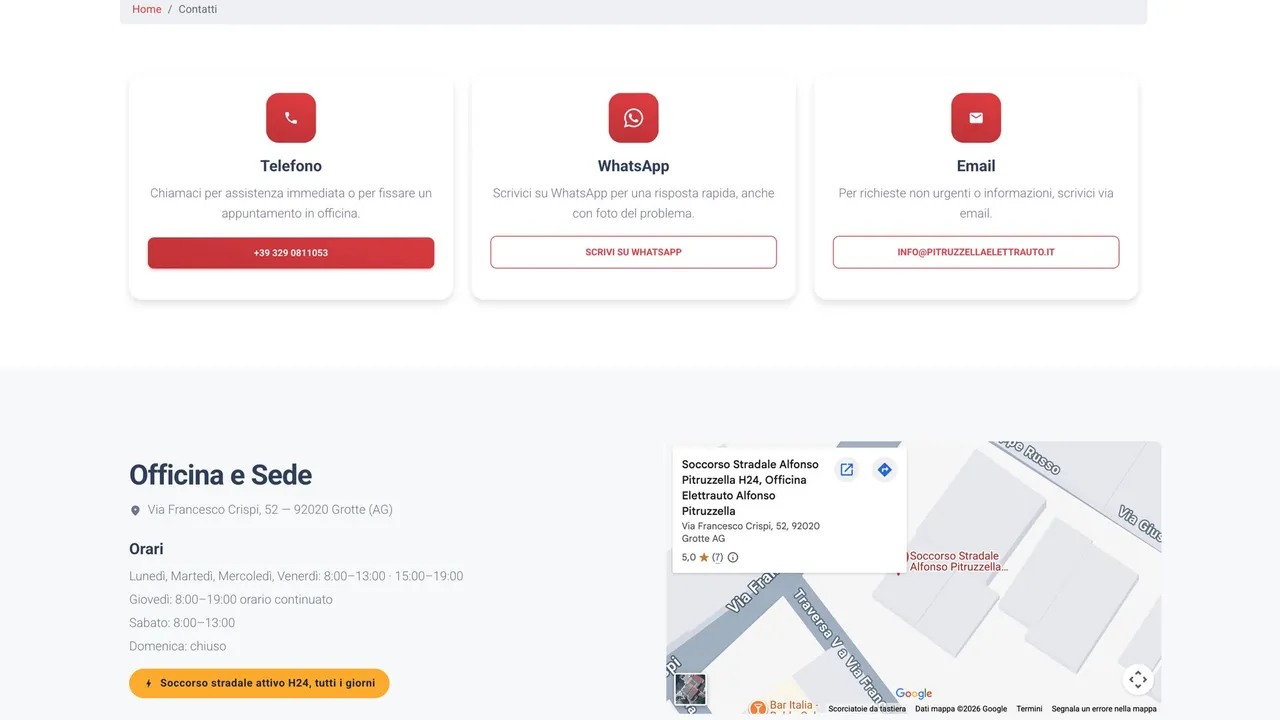 Pagina contatti con telefono, WhatsApp, email, orari e mappa dell'officina
