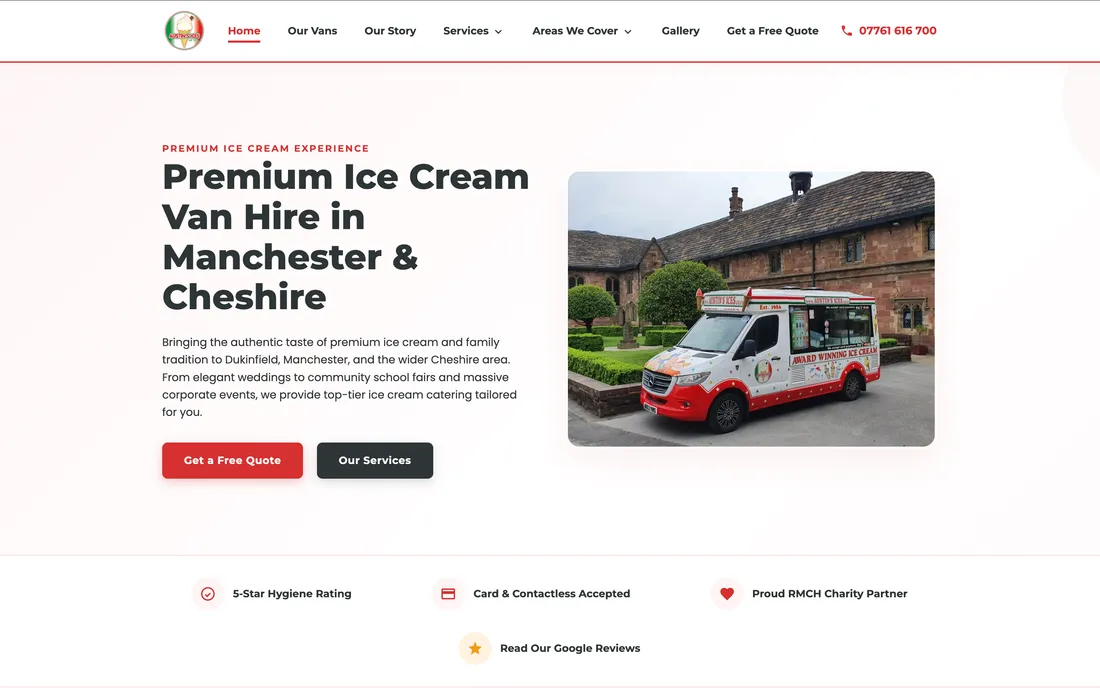 Homepage del sito di Austins Ices con il furgone gelato in primo piano