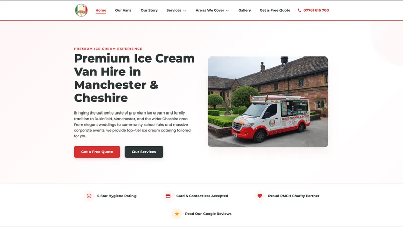 Homepage del sito di Austins Ices con il furgone gelato in primo piano