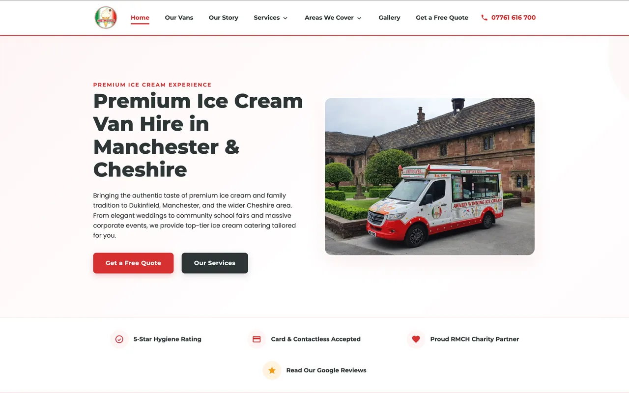 Homepage del sito di Austins Ices con il furgone gelato in primo piano