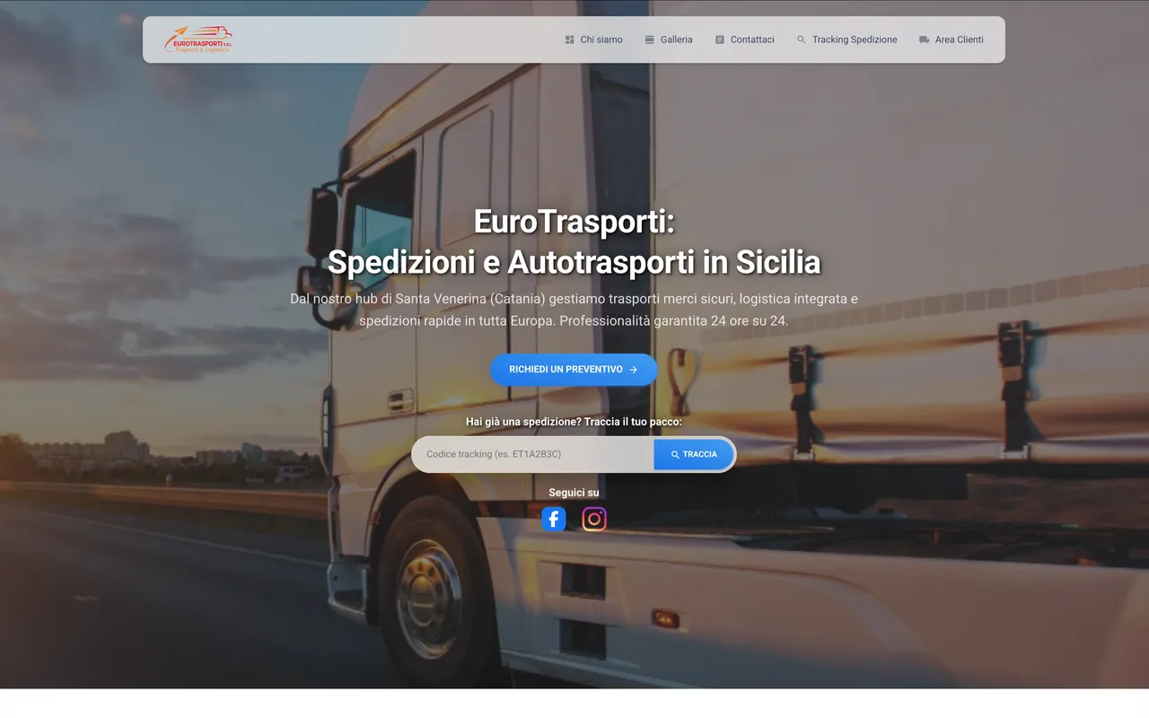 Homepage del sito EuroTrasporti con richiesta preventivo e ricerca della spedizione tramite codice tracking