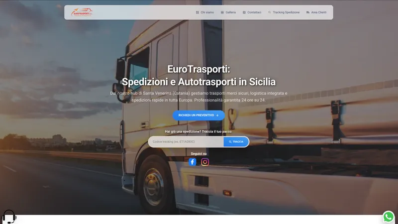 Homepage del sito EuroTrasporti con richiesta preventivo e ricerca della spedizione tramite codice tracking