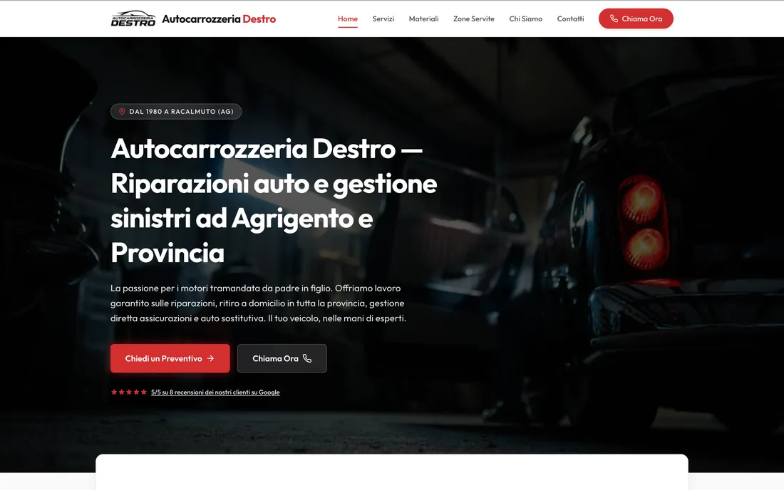Homepage del sito di Autocarrozzeria Destro con i pulsanti per chiedere un preventivo e chiamare