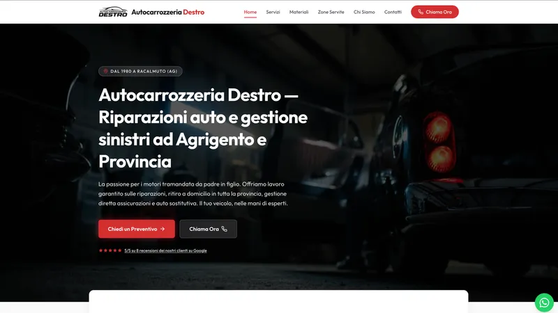Homepage del sito di Autocarrozzeria Destro con i pulsanti per chiedere un preventivo e chiamare