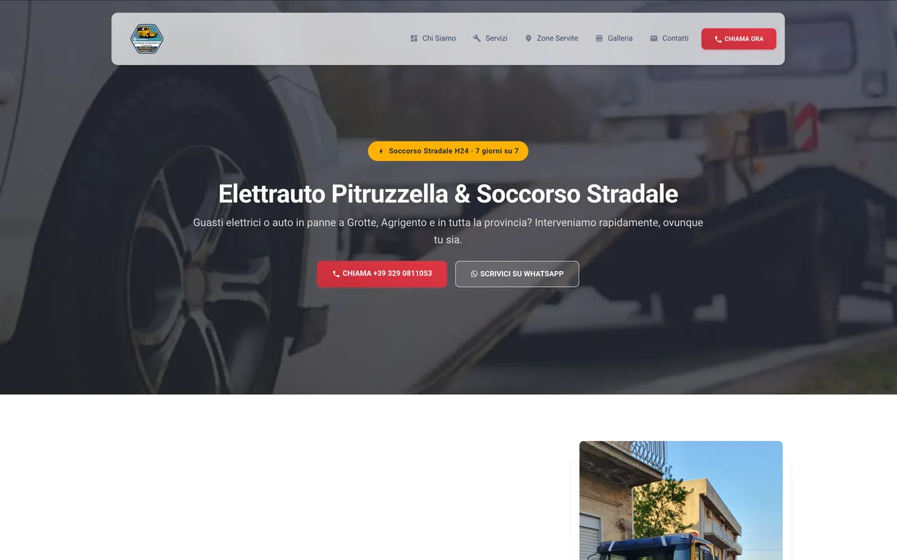 Homepage del sito Elettrauto Pitruzzella con i pulsanti per chiamare e scrivere su WhatsApp