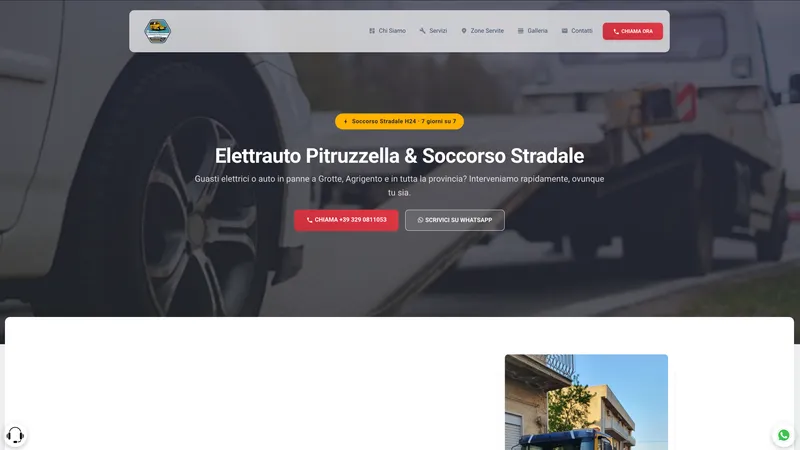 Homepage del sito Elettrauto Pitruzzella con i pulsanti per chiamare e scrivere su WhatsApp