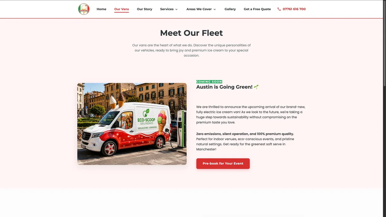 Pagina della flotta con l'annuncio del nuovo furgone gelato elettrico