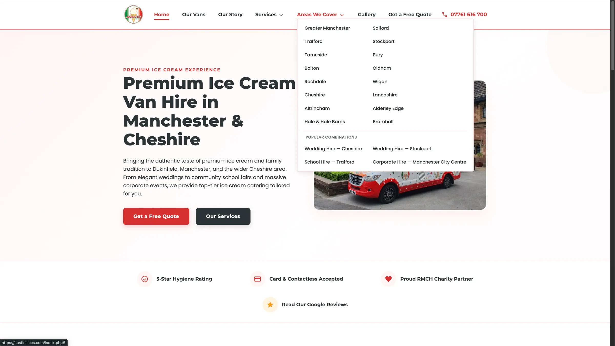 Menu del sito Austins Ices aperto sulle zone servite di Greater Manchester e Cheshire