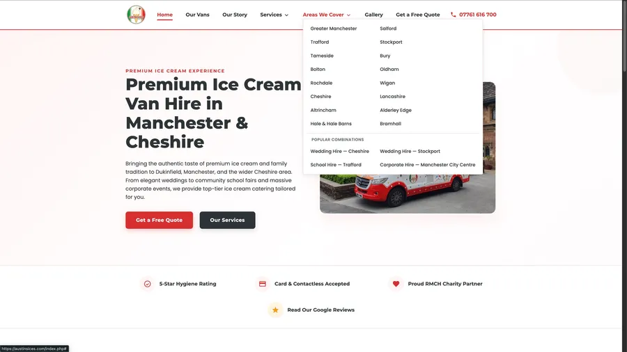 Menu del sito Austins Ices aperto sulle zone servite di Greater Manchester e Cheshire
