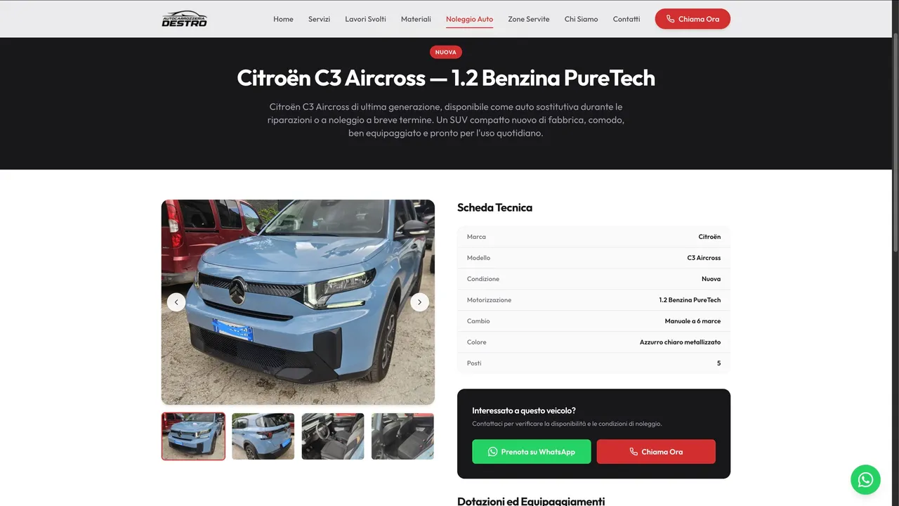 Scheda dell'auto sostitutiva a noleggio con galleria foto, dati tecnici e pulsante WhatsApp