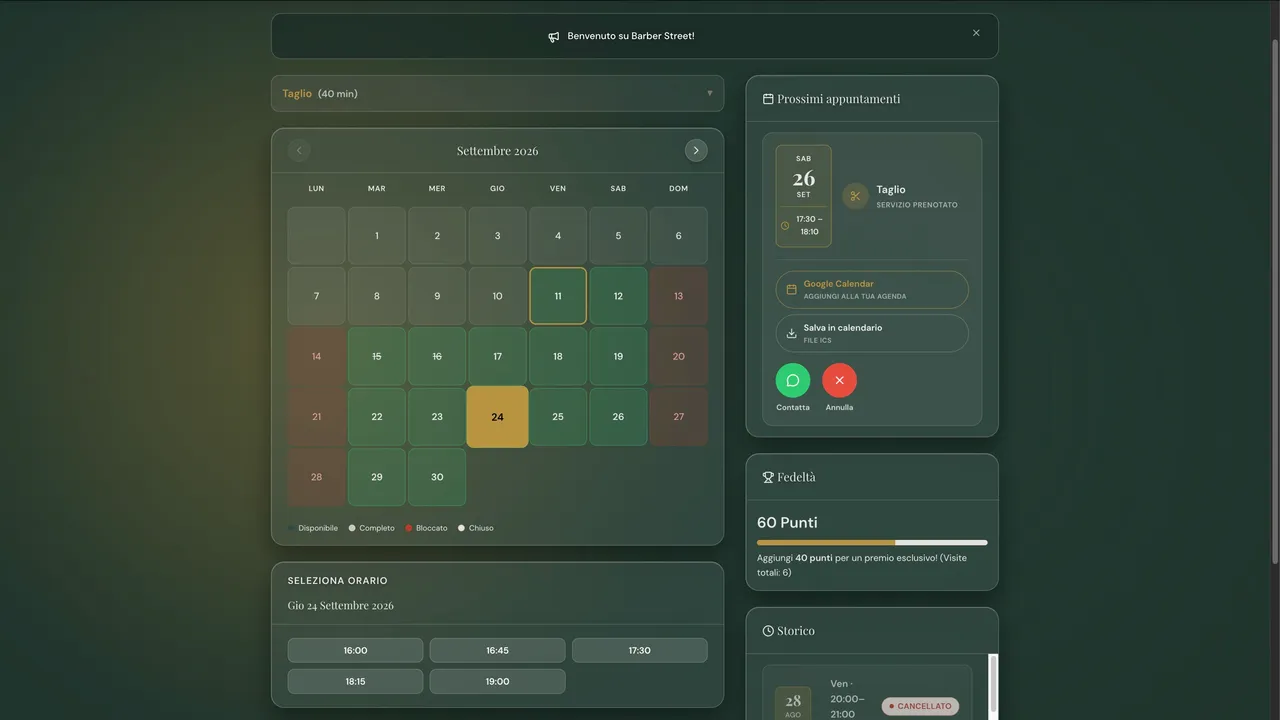Calendario di prenotazione con giorni disponibili, orari liberi e punti fedeltà del cliente