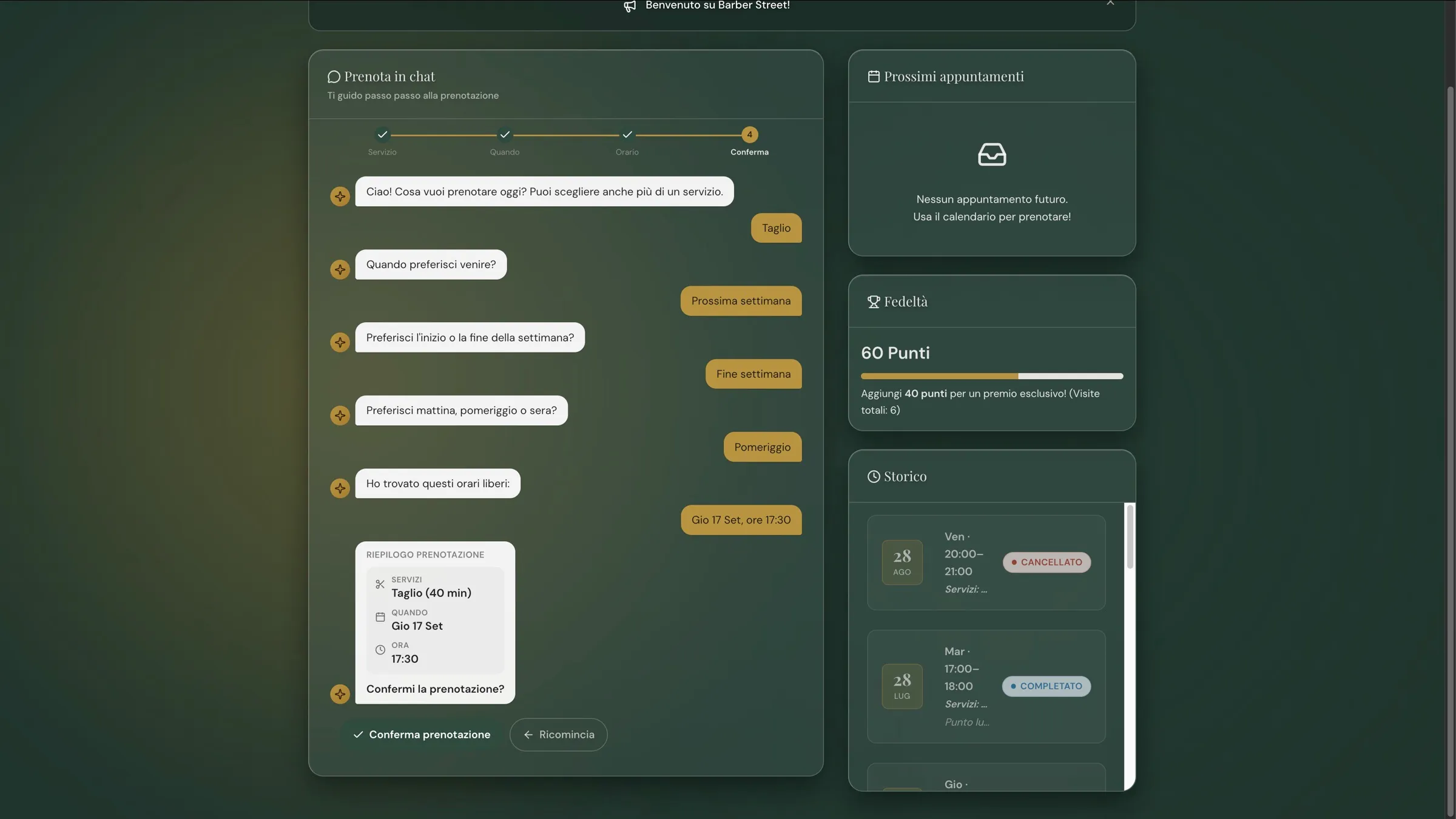 Prenotazione tramite chat guidata che chiede servizio, giorno e fascia oraria e propone gli orari liberi