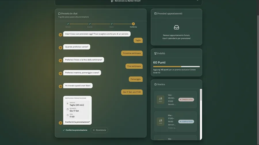 Prenotazione tramite chat guidata che chiede servizio, giorno e fascia oraria e propone gli orari liberi
