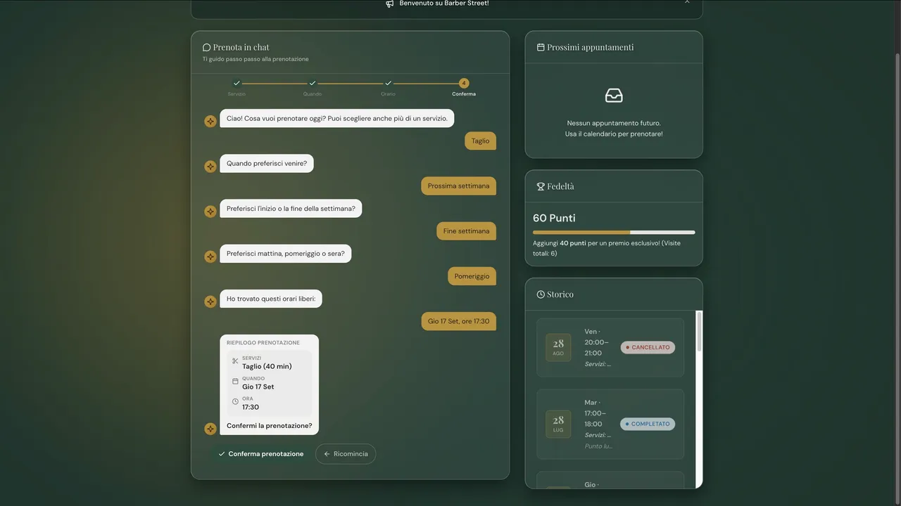 Prenotazione tramite chat guidata che chiede servizio, giorno e fascia oraria e propone gli orari liberi