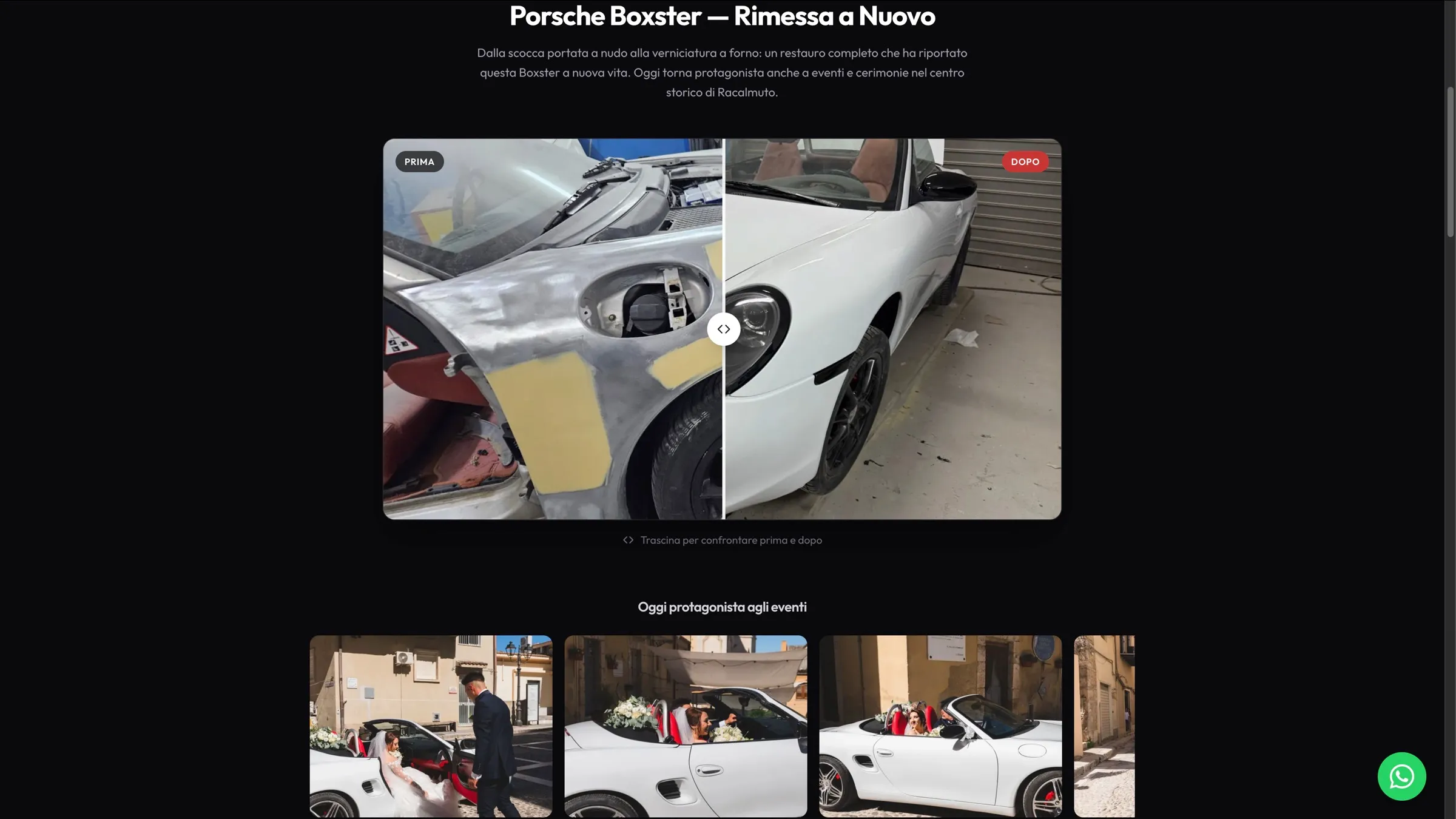 Confronto a scorrimento prima e dopo del restauro di una Porsche Boxster