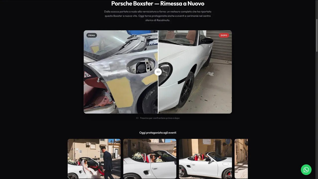 Confronto a scorrimento prima e dopo del restauro di una Porsche Boxster