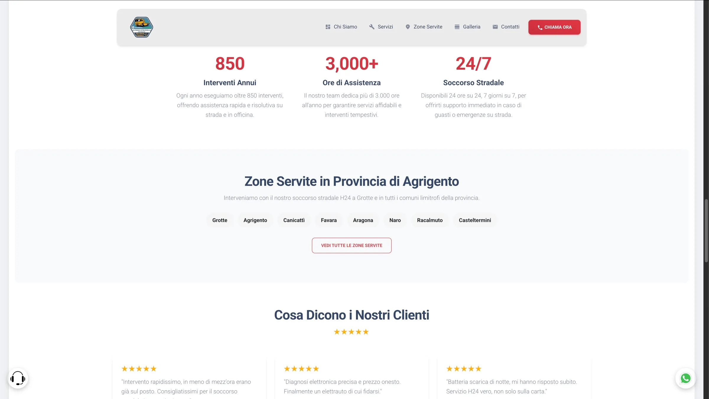 Sezione con i comuni serviti e le recensioni dei clienti
