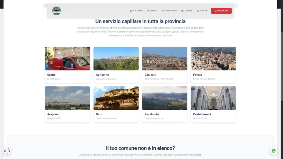 Pagina delle zone servite con una scheda per ciascuno degli 8 comuni della provincia di Agrigento